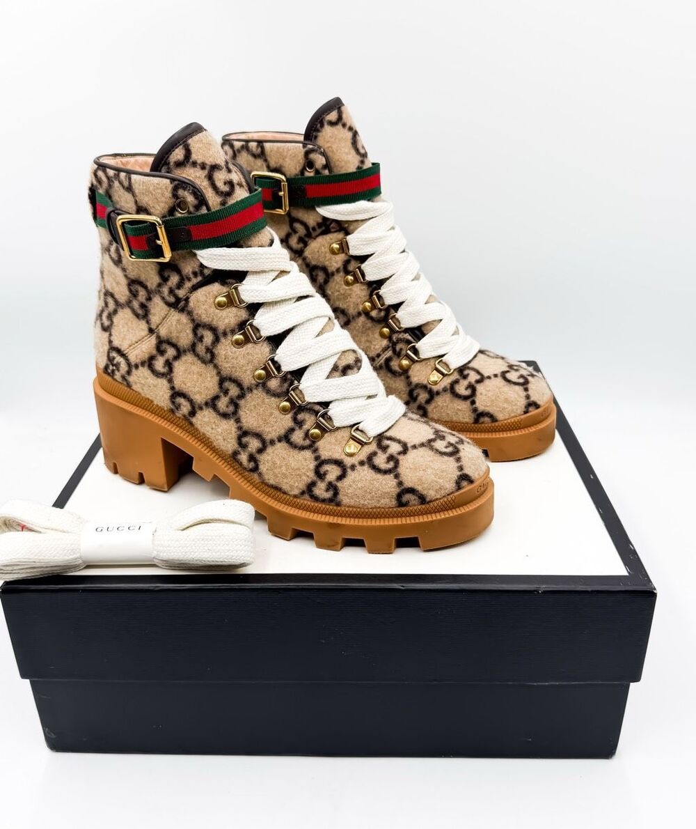 Gucci GG Monogram Wool Ankle Boots Web Stripe EU 40 US 10
